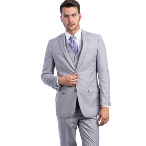 Light Grey Suit - Silver Gray Suit For Wedding - Men's two Button Basic Hybrid F - Picture 1 of 4